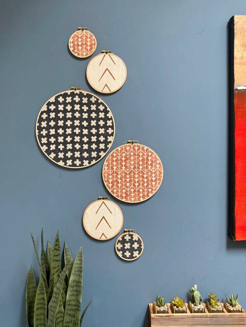 Designer Textile Gallery Wall Art Set - Wood Circle Frame Various Sizes, Modern Boho, Authentic Vintage Of 6 - image 1