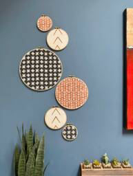Designer Textile Gallery Wall Art Set - Wood Circle Frame Various Sizes, Modern Boho, Authentic Vintage Of 6