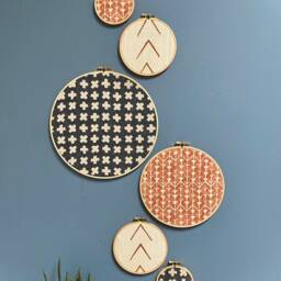 Designer Textile Gallery Wall Art Set - Wood Circle Frame Various Sizes, Modern Boho, Authentic Vintage Of 6 - thumbnail 2