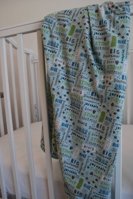 Dinosaur Swaddle Blanket, Newborn Jersey Knit Blanket in Blue With Green, Brown & White Accents, Baby Shower Gift - image 1
