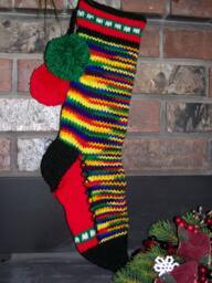 Hand Knit Christmas Stocking Red Green Block Stripe By Santa's Works