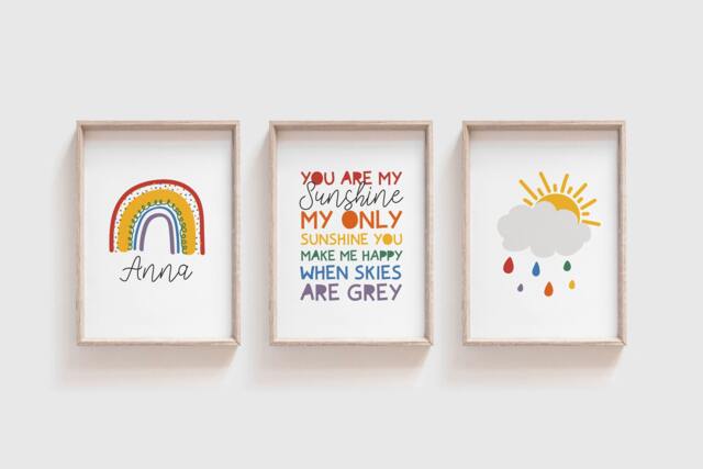 Set Of 3 Girls Nursery Prints, You Are My Sunshine Wall Art, Boys Rainbow Girl Bedroom - image 1