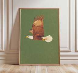 Bald Eagle Wall Art, Vintage Soaring Print, Rustic Green Wildlife Poster, Patriotic Bird Illustration, Nature Decor - thumbnail 1