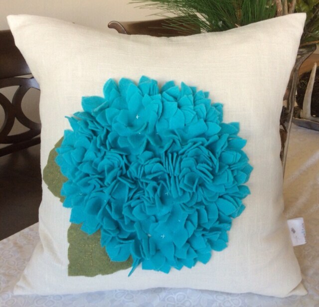 Teal Hydrangea Pillow Cover Felt Flower Applique, Linen Cushion - image 1
