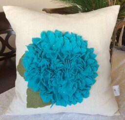 Teal Hydrangea Pillow Cover Felt Flower Applique, Linen Cushion - thumbnail 1