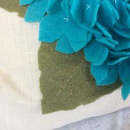 Teal Hydrangea Pillow Cover Felt Flower Applique, Linen Cushion - thumbnail 3