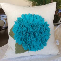 Teal Hydrangea Pillow Cover Felt Flower Applique, Linen Cushion - thumbnail 4