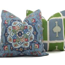 Christopher Farr Ozone Pillow Cover Green & Blue Geometric Linen - thumbnail 2