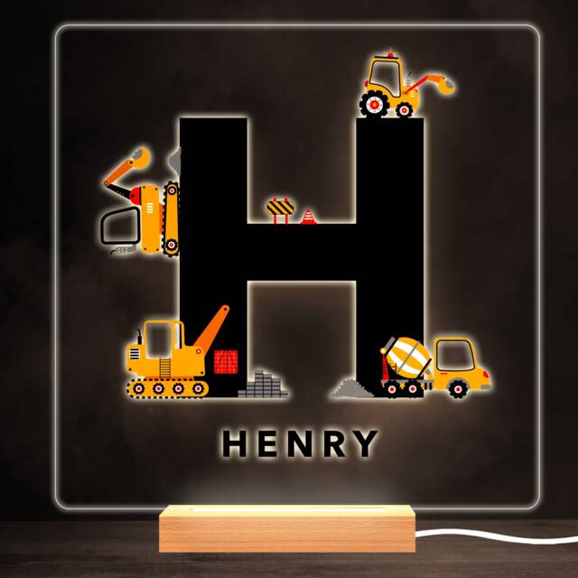 Construction Vehicles Alphabet Letter H Square Personalised Gift Night Light - Bedroom Lamp - image 1