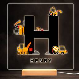 Construction Vehicles Alphabet Letter H Square Personalised Gift Night Light - Bedroom Lamp