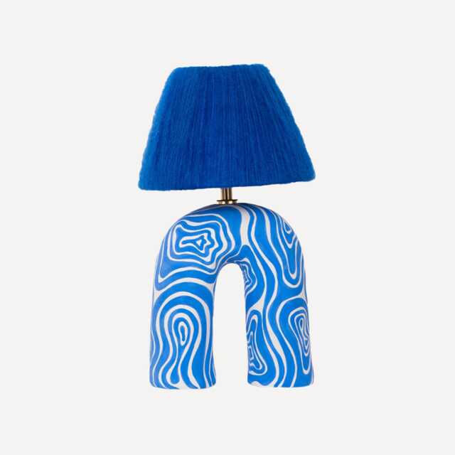 "Handmade Ceramic Table Lamp Cobalt Blue Wool Shade, " - image 1