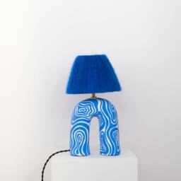 "Handmade Ceramic Table Lamp Cobalt Blue Wool Shade, " - thumbnail 4