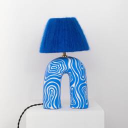 "Handmade Ceramic Table Lamp Cobalt Blue Wool Shade, " - thumbnail 2