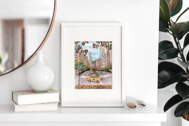 Nyc Madison Avenue Watercolor Art Print Yellow Cab, Fall Scene - image 1