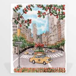 Nyc Madison Avenue Watercolor Art Print Yellow Cab, Fall Scene - thumbnail 2