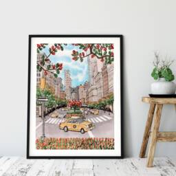 Nyc Madison Avenue Watercolor Art Print Yellow Cab, Fall Scene - thumbnail 3