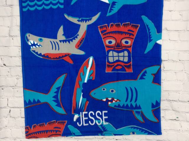 Shark Personalized Towel, Nautical Bathroom Decor, Boy Gift For Birthday Christmas Or Summer Vacation, Custom Ocean Vacation Memento - image 1