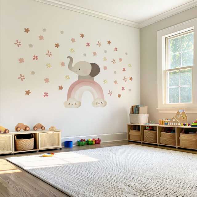 Elephant Rainbow Wall Decals Neutral Nursery Decor Boho Stickers Pink Peel & Stick Girls Room - image 1