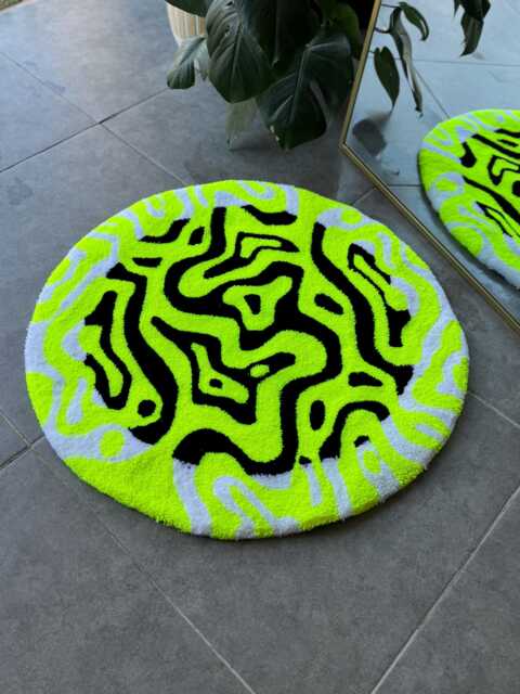 Neon Energy Round Tufted Rug - Handmade Black & White With Yellow Accent Vibrant Abstract Fluffy Carpet - image 1