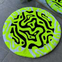 Neon Energy Round Tufted Rug - Handmade Black & White With Yellow Accent Vibrant Abstract Fluffy Carpet - thumbnail 2