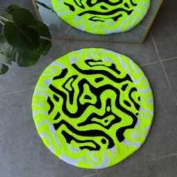 Neon Energy Round Tufted Rug - Handmade Black & White With Yellow Accent Vibrant Abstract Fluffy Carpet - thumbnail 3