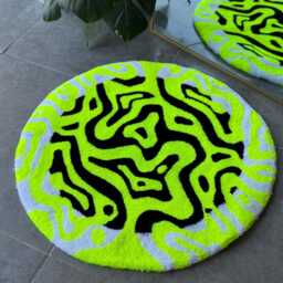 Neon Energy Round Tufted Rug - Handmade Black & White With Yellow Accent Vibrant Abstract Fluffy Carpet - thumbnail 4