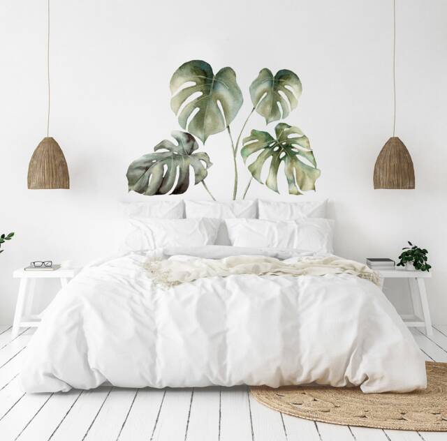 Headboard Wall Decal - Tropical Leaf Nursery Wall Decal Green Monstera Sticker Bedroom Watercolour By Dizzy Duck - image 1
