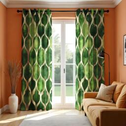 Green Geometric Curtains, Modern Moroccan Trellis Drapes, Watercolor Texture Window Treatment, Living Room & Bedroom Curtain Panels - thumbnail 1