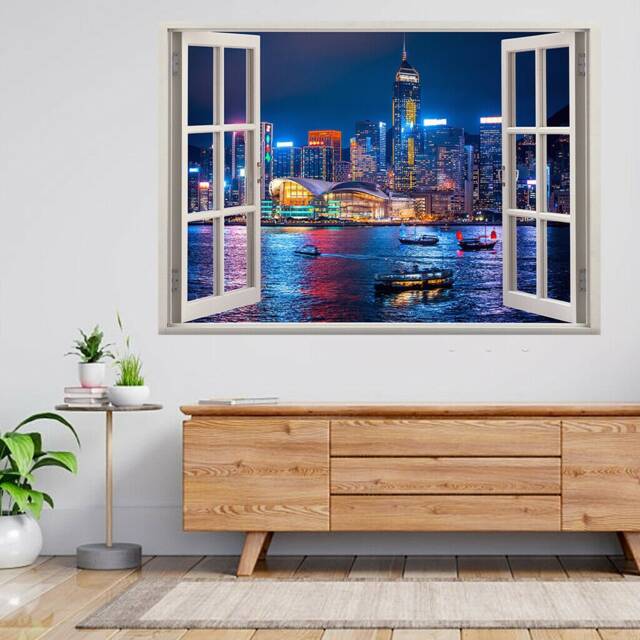 Hong Kong Night Skyline Buildings 3D Window View Wall Sticker Poster Decal A155 - image 1