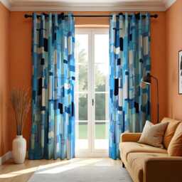 Blue Abstract Curtains, Geometric Window Drapes, Mid Century Modern Panel, Bold Shapes Colorful Living Room Decor - thumbnail 1