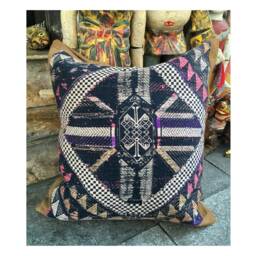 Vintage Handmade Tribal White Thai Textile Silk Cotton Pillow Cover in The Centre Of Vietnam