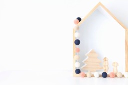 Navy Blue & Peach Gender Neutral Felt Ball Garland - Pom Bunting Kids Room Banner Playroom Decor Party String Wall Hanging - thumbnail 1