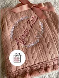 Personalised Baby Cable Knit Blanket -Wreath Name Embroidered Tassel Trim. Sherpa Reverse - thumbnail 1