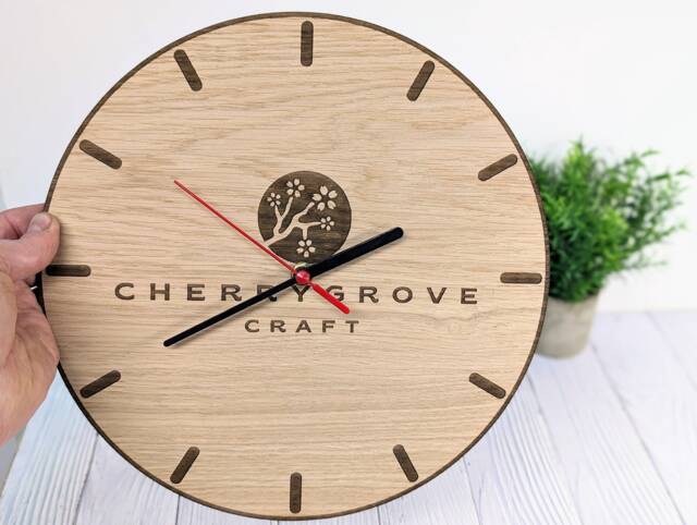 Personalised Wooden Logo Wall Clock Engraved Oak Veneer Timepiece - 30cm - image 1
