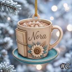 Personalized Coffee Mug Book Ornament, Acrylic Christmas Lover Gift, Cozy Reader Mug, Custom Name Holiday Decor - thumbnail 2