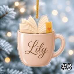 Personalized Coffee Mug Book Ornament, Acrylic Christmas Lover Gift, Cozy Reader Mug, Custom Name Holiday Decor - thumbnail 3