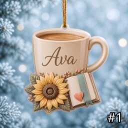 Personalized Coffee Mug Book Ornament, Acrylic Christmas Lover Gift, Cozy Reader Mug, Custom Name Holiday Decor