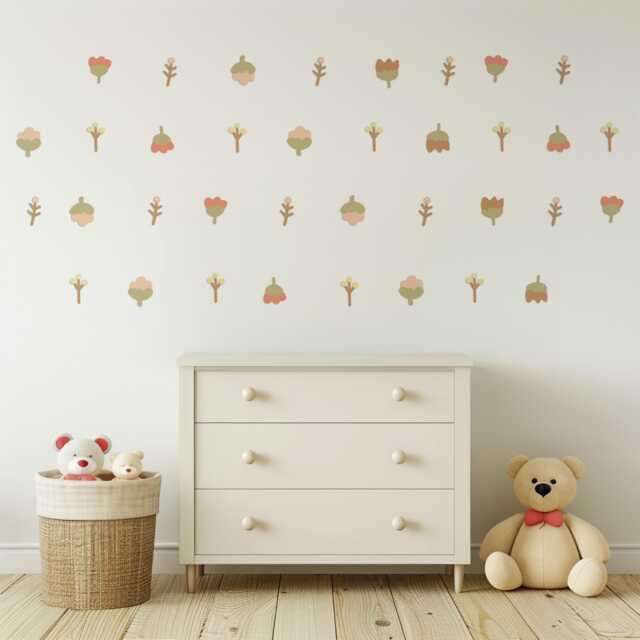 Boho Flower Wall Stickers For Nursery, Neutral Floral Decals, Retro Decor, Baby Room Stickers, Scandinavian Nursery Decor - image 1