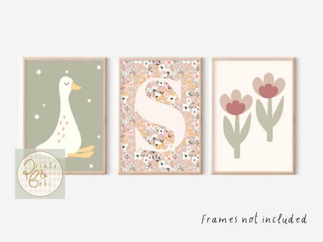 Set Of 3 Girls Goose, Personalised Initial & Wildflower Prints - Unframed - image 1