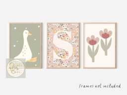 Set Of 3 Girls Goose, Personalised Initial & Wildflower Prints - Unframed - thumbnail 1