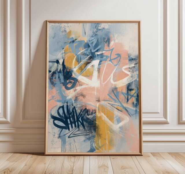 Peach Blue Abstract Graffiti Art, Modern Street Art Print, Contemporary Urban Wall Decor, Colorful Expressive Poster - image 1