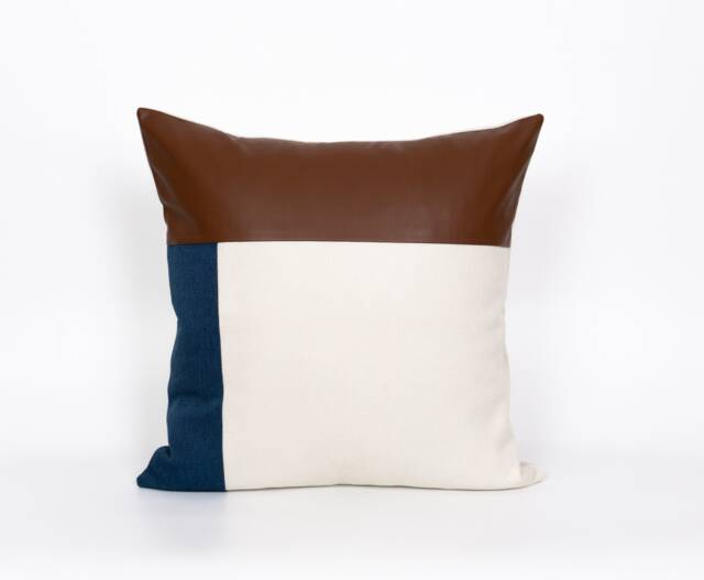 Colorblock Cushion Cover Suede Leather Navy Blue Cream Linen Scatter - image 1