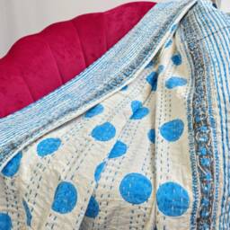 Kantha Stitch Pure Cotton Reversible Bed/Sofa/Picnic/Kids Room Throw Singlesize Handprint Dohar Floral Summer White Blue Pop Polka Stripe - thumbnail 3