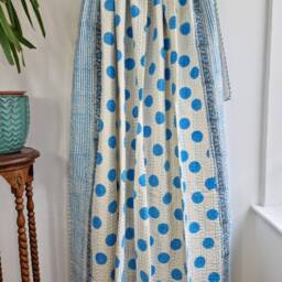 Kantha Stitch Pure Cotton Reversible Bed/Sofa/Picnic/Kids Room Throw Singlesize Handprint Dohar Floral Summer White Blue Pop Polka Stripe - thumbnail 2