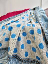 Kantha Stitch Pure Cotton Reversible Bed/Sofa/Picnic/Kids Room Throw Singlesize Handprint Dohar Floral Summer White Blue Pop Polka Stripe