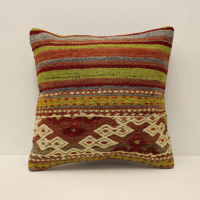 Vintage Kilim Pillow Cover 16x16, Handwoven Turkish Wool Cushion - image 1