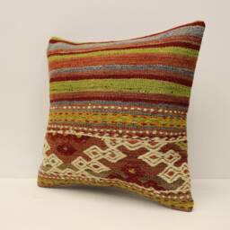 Vintage Kilim Pillow Cover 16x16, Handwoven Turkish Wool Cushion - thumbnail 3