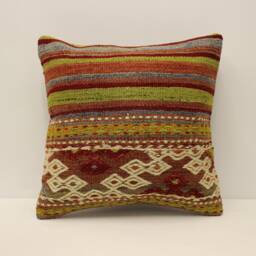 Vintage Kilim Pillow Cover 16x16, Handwoven Turkish Wool Cushion - thumbnail 1