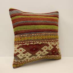 Vintage Kilim Pillow Cover 16x16, Handwoven Turkish Wool Cushion - thumbnail 2
