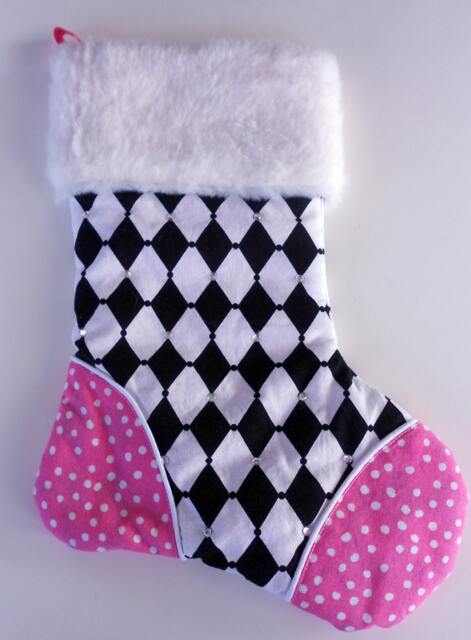 Harlequin Christmas Stocking, Rhinestone Detail, Pink Polka Dot Toe - image 1